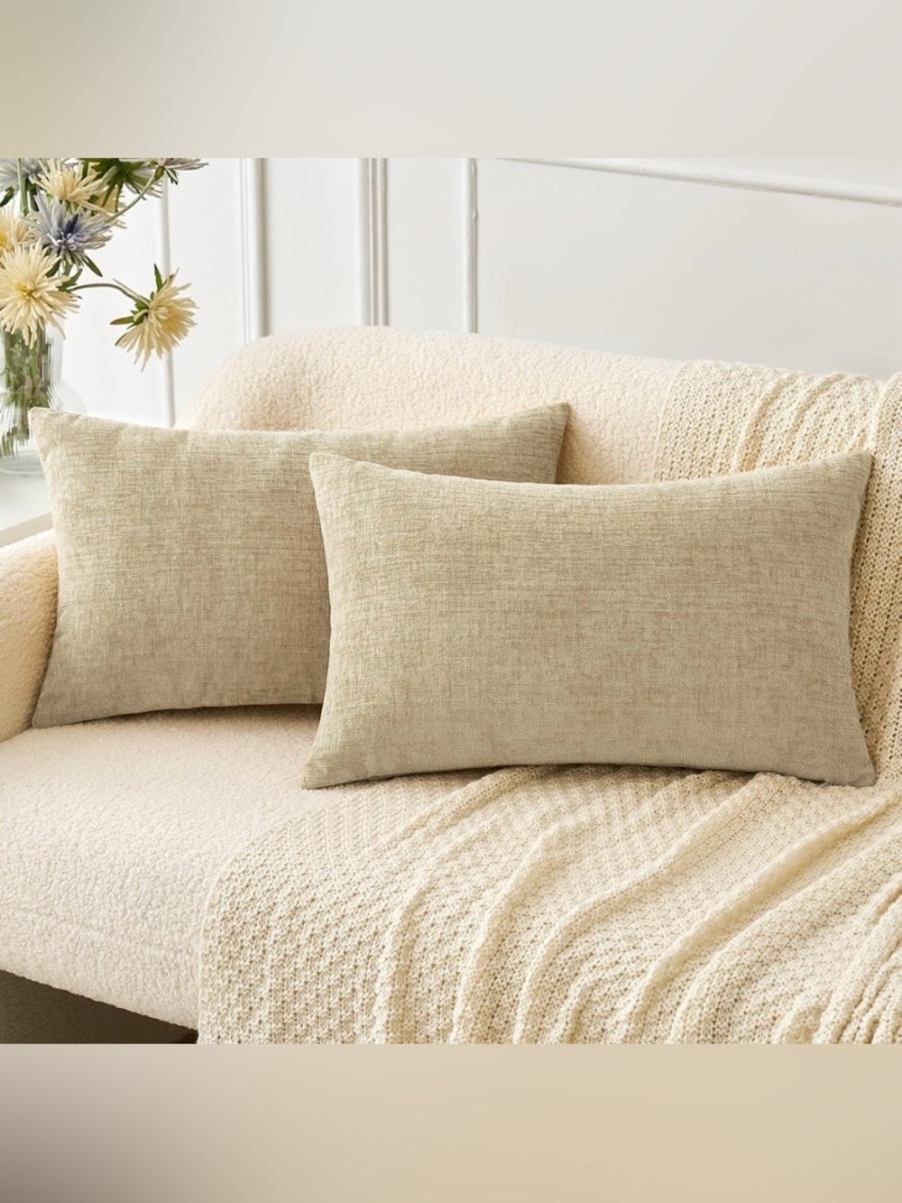 New | MIULEE Soft Chenille Lumbar Throw Pillow Covers Beige 12x20 Inch Pack of 2